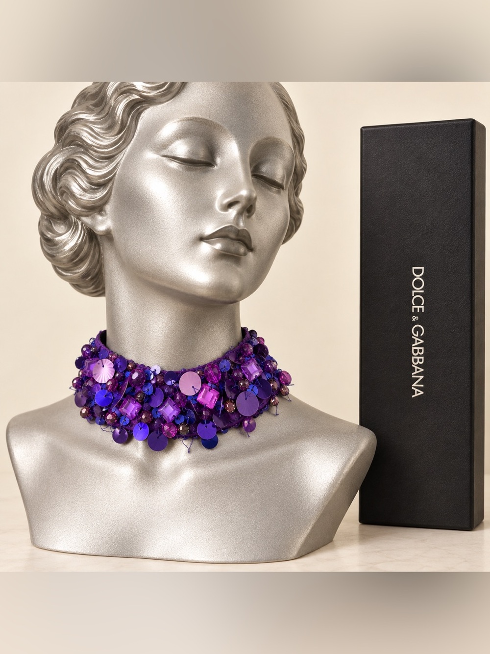 Dolce & Gabbana Beaded Sequin Statement Choker Necklace with Box